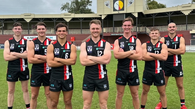 Frankston's 2024 VFL leadership group, from left: Taine Barlow, Tom Murphy, George Grey, Trent Mynott, Joe Lloyd, Jackson Voss and Noah Gown.