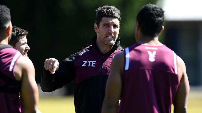 Manly Sea Eagles coach Trent Barrett gestures during a team training session at Narrabeen in Sydney, Wednesday, August 30, 2017. (AAP Image/Dan Himbrechts) NO ARCHIVING