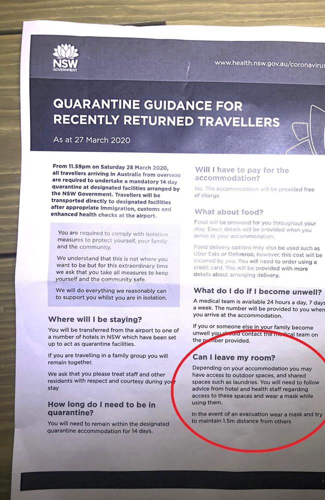 Letter from NSW Health to those in hotel quarantine that says access to fresh air may be available.