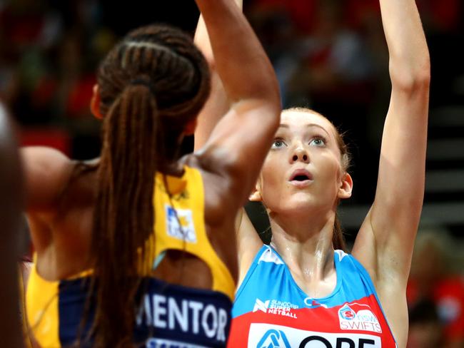 Helen Housby in action for the Swifts against Geva Mentor last year.