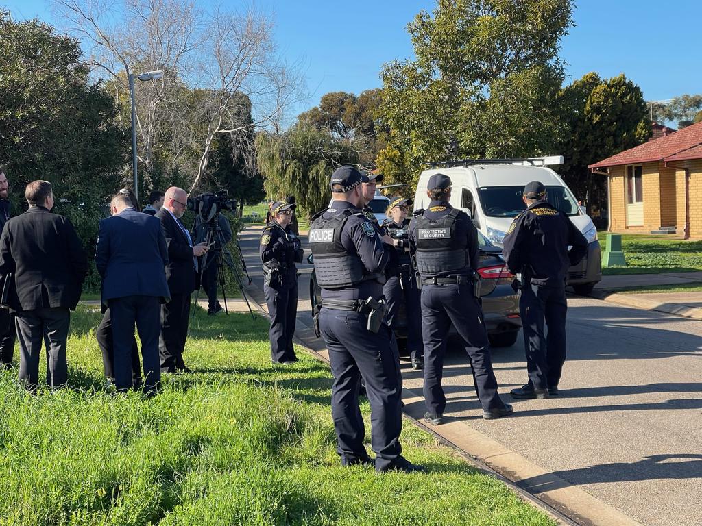 A heavy police presence was seen outside the Adelaide home. Picture: Russell Millard.