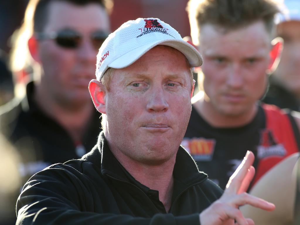 SANFL, West Adelaide v Central District at Richmond Oval. West Coach Gavin Colville, gives his players a bake at three quarter time. Pic. Dean Martin