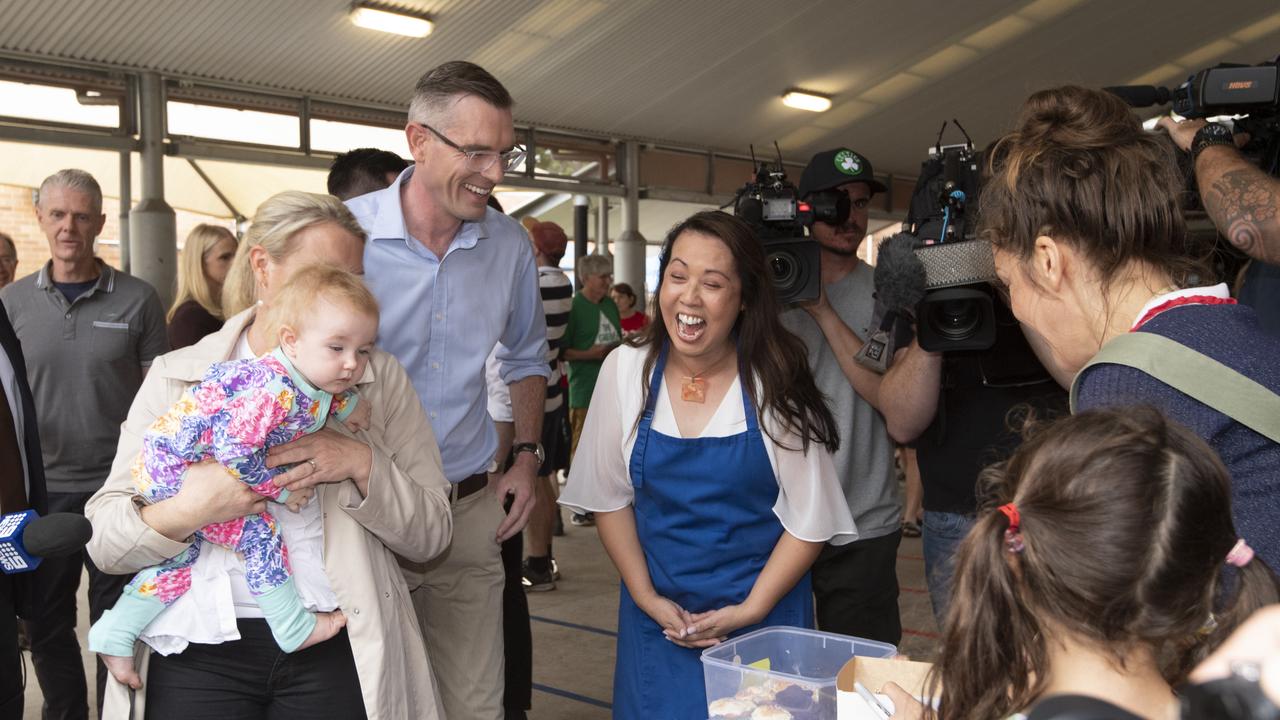 Premier Dominic Perrottet casting his vote with wife Helen and youngest daughter Celeste. Picture: NCA NewsWire/ Monique Harmer