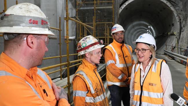 Ms Allan meets with workers in charge of tunnelling. Picture: NCA NewsWire / David Crosling