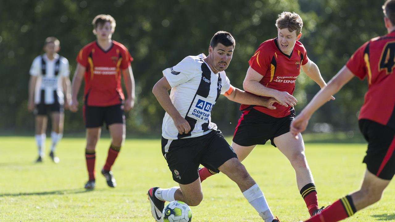 Willowburn captain Beau Partridge (left) and Daniel Burns of Gatton in Toowoomba Football League Premier Men preliminary final at West Wanderers, Sunday, November 8, 2020. Picture: Kevin Farmer