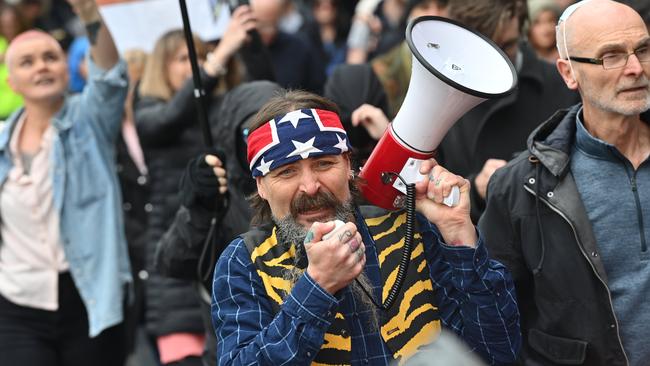 A protesters at an Adelaide “Freedom Rally” that saw people campaign against vaccine lockdowns, rules and vaccines. Picture: Keryn Stevens