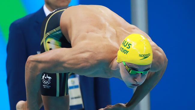 Australia's Cameron McEvoy dives off the blocks in the 100m freestyle final. Picture: Phil Hillyard