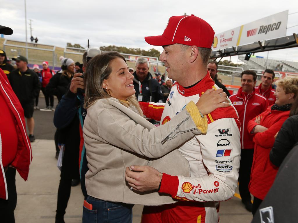 Scott McLaughlin celebrates after getting pole position after the top 10 shootout. 2019 Supercheap Auto Bathurst 1000, the pinnacle of the Virgin Australia Supercars Championship. #17 Shell V-Power Racing Scott McLaughlin/Alex Premat, Ford Mustang GT. Picture Rohan Kelly