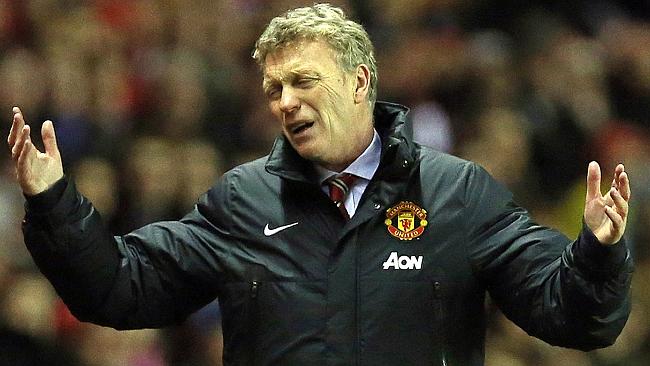 Manchester United's Scottish manager David Moyes reacts during a League Cup semi-final first leg match between S...