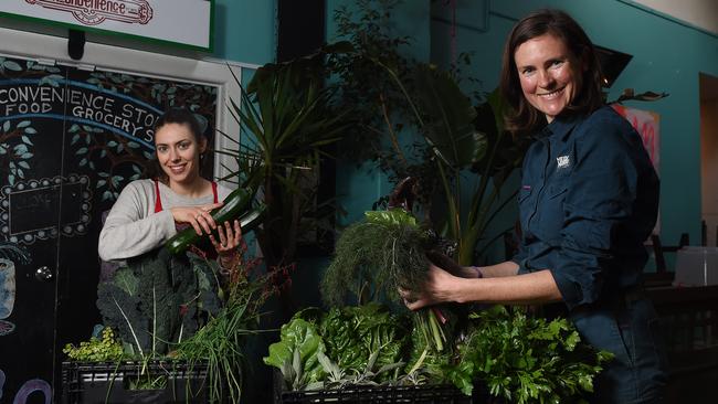 Lentil As Anything’s Frida Komesaroff and Heide kitchen gardener Alice Crowe with some of the donated produce. Picture: Josie Hayden