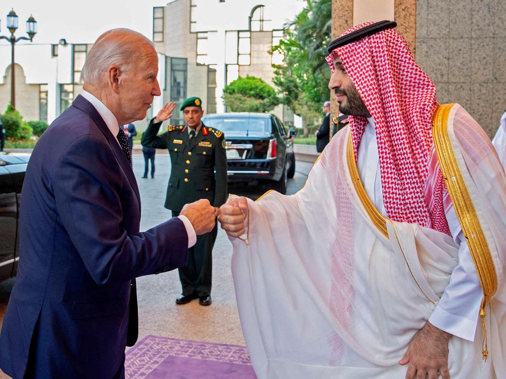 Joe Biden fist bumps Saudi Crown Prince Mohammed bin Salman at Al-Salam Palace. Picture: AFP