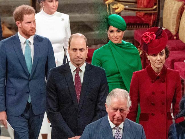 The royal family inside Westminster Abbey after attending the annual Commonwealth Service in London, just before Harry and Meghan formally stepped down as senior members of the British royal family. Picture: AFP