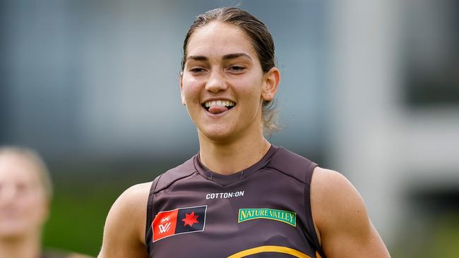 MELBOURNE, AUSTRALIA - OCTOBER 17: Mattea Breed of the Hawks in action during a Hawthorn Hawks training session at Waverley Park on October 17, 2024 in Melbourne, Australia. (Photo by Dylan Burns/AFL Photos via Getty Images)