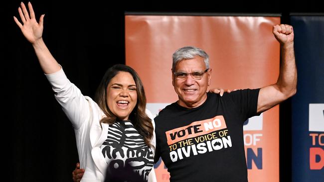 The faces of the No campaign, Senator Jacinta Nampijinpa Price and Nyunggai Warren Mundine, celebrate the referendum’s defeat in Brisbane on Saturday. Picture: NCA NewsWIRE / John Gass