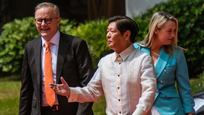 Anthony Albanese and partner Jodie Haydon are welcomed in Manila by Philippines President Ferdinand Marcos Jr at Malacanang Palace on Friday. Picture: Getty Images