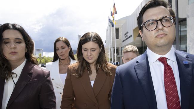 Brittany Higgins with her partner David Sharaz leaving the Magistrates Court in Canberra. Picture: NCA NewsWire / Gary Ramage