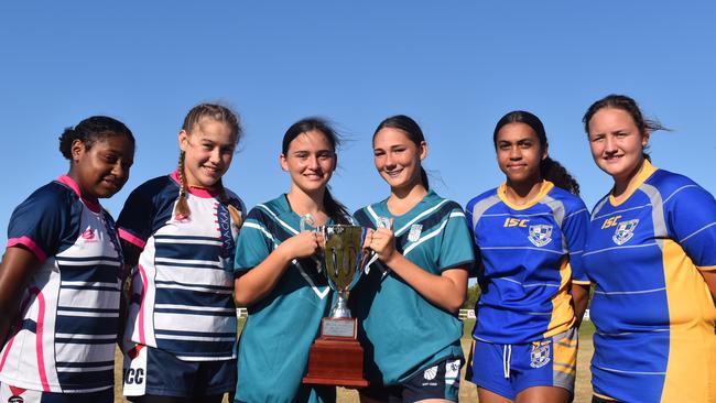 Tyeisha Bowie (from left), Keeley Dixon, Courtney Harris, Jala Brown, Aliesha Corbett and Yodene Schoeman at the Mackay Rugby Schools Cup in Mackay, October 14, 2021. Picture: Matthew Forrest