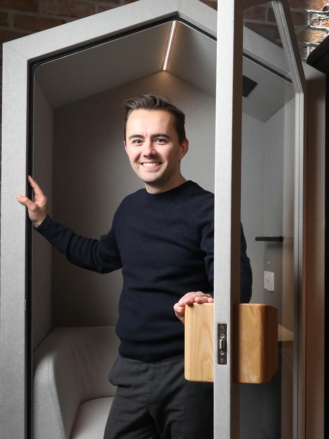 Entrepreneur and venture capital investor Tyson Gundersen in a Bureau Booth at MilkBar’s city offices. Picture: Dean Martin