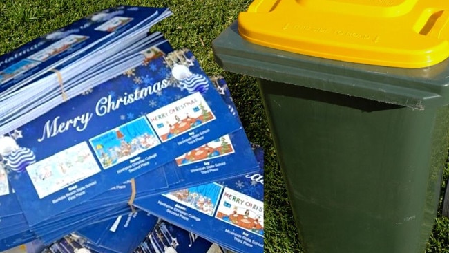 Christmas cards dumped in in bin. Picture: Supplied