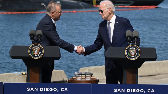 Joe Biden and Anthony Albanes announce details of the AUKUS deal at San Diego. Picture: Getty Images.