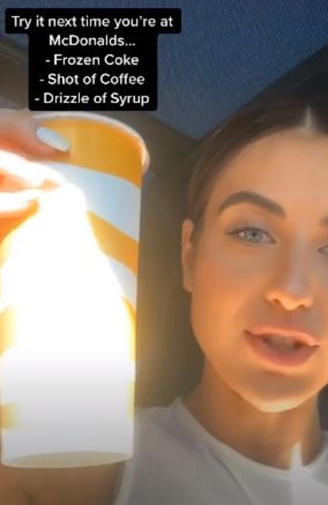 She said the next time you go to the fast-food chain, try ordering a frozen coke, shot of coffee and a drizzle of vanilla syrup, adding it will ‘change your life’. Picture: TikTok/Elenapajkovska