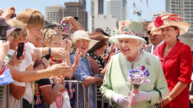 Queen Elizabeth II, greeted by Brisbane crowds during a walk at South Bank, in 2011. Picture: Jodie Richter