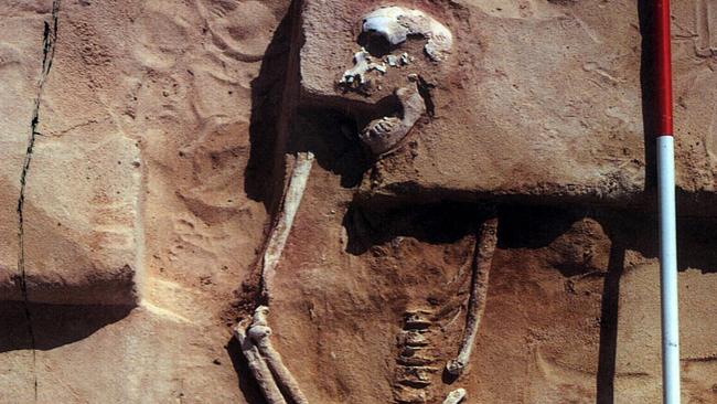 The skeleton of "Mungo Man", an early hominid human Aboriginal, found by archaeologists at Lake Mungo, NSW, in 1974.