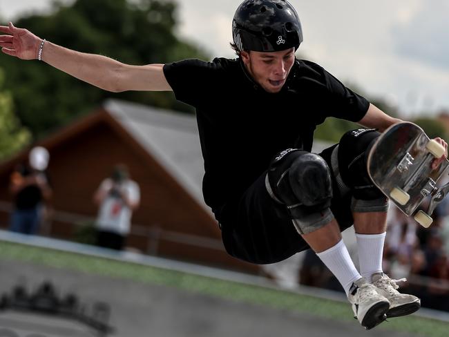 BUDAPEST, HUNGARY - JUNE 23: Keegan Palmer of Australia competes during the men's skateboarding park final at the Olympic Qualifier Series on June 23, 2024 in Budapest, Hungary. (Photo by David Balogh/Getty Images)
