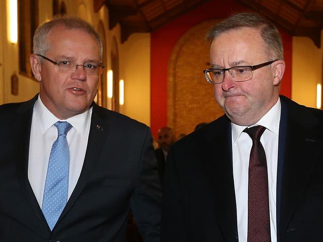 PM Scott Morrison and Opposition Leader Anthony Albanese after attending the Church Service to mark the start of the 46th Parliament, at St Christopher's Cathedral in Canberra. Picture Kym Smith