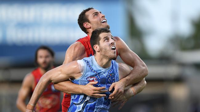 North Melbourne ruckman Tristan Xerri, in battle with Jarrod Witts, has committed his future to the Roos. Picture: Getty Images