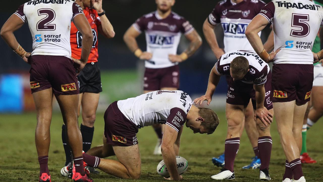 Manly's Tom Trbojevic injures his hamstring. Picture: Brett Costello