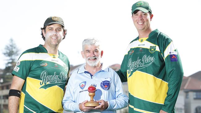 Randwick Petersham club legend Denis Hinds with Randwick Petersham Green captain Alexis Coovre and Randwick Petersham Gold captain John Stewart. The teams played their Metro Cup derby game to raise money and awareness for Stop Sarcoma in the memory of Denis's Laura Hinds. Picture: Danny Aarons.