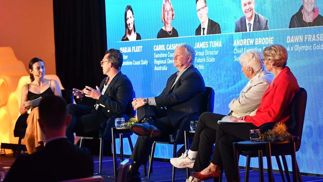 Nadja Fleet, James Tuma, Andrew Brodie, Dawn Fraser and Carol Cashman discuss what the Sunshine Coast needs to take advantage of the 2032 Olympic Games. Picture: Patrick Woods