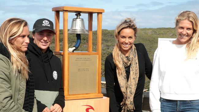 Courtney Conlogue, Tyler Wright, Sally Fitzgibbon and Stephanie Gilmore ahead of competition at Bells Beach. Picture: Alison Wynd