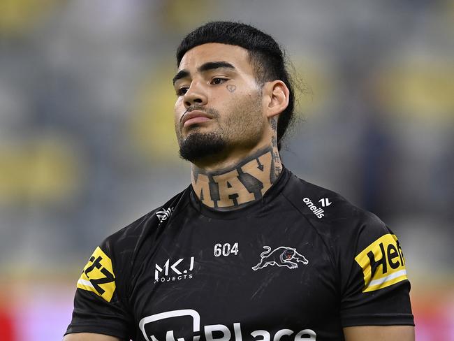 TOWNSVILLE, AUSTRALIA - APRIL 27: Taylan May of the Panthers looks on before the start of the round eight NRL match between North Queensland Cowboys and Penrith Panthers at Qld Country Bank Stadium, on April 27, 2024, in Townsville, Australia. (Photo by Ian Hitchcock/Getty Images)