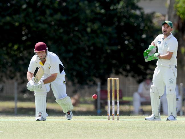 SECA Cricket match: Chelsea v Brighton Union at Hurlingham Oval Brighton East. Chelsea batsman Dale Tormey and Brighton keeper Aaron Gregory. Picture: Andrew Henshaw