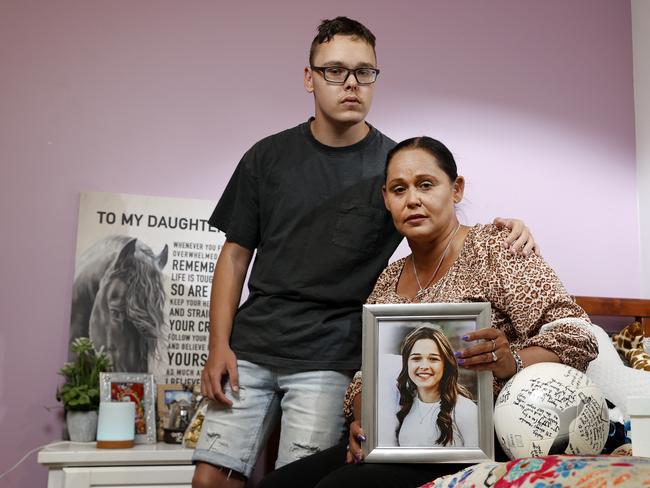 Samantha Trimarchi with her son Ronnan McLennan in Gabby’s bedroom which is now a shrine to the much-loved girl. Picture: Jonathan Ng