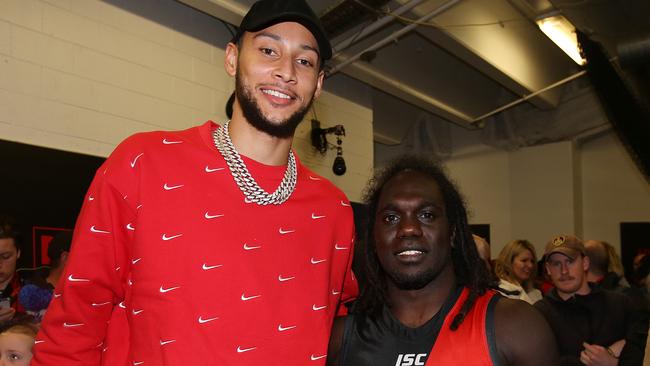 Ben Simmons is making the most of his time in Melbourne, watching his beloved Bombers play at Marvel Stadium and catching up with star Anthony McDonald-Tipungwuti. Picture: Michael Klein