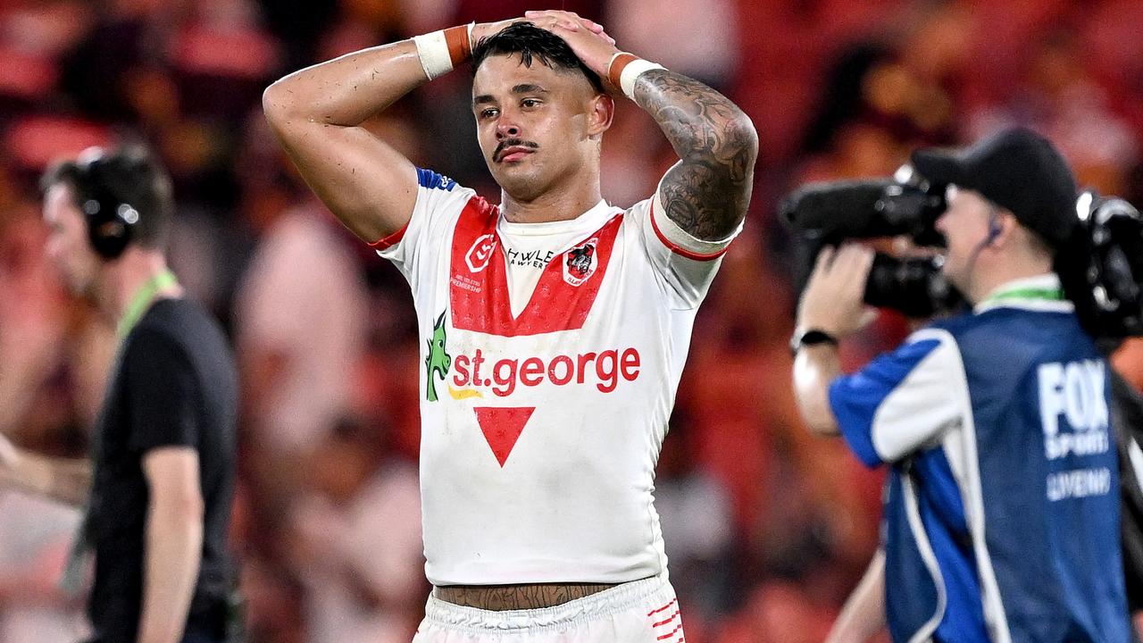 BRISBANE, AUSTRALIA - MARCH 18: Jayden Sullivan of the Dragons looks dejected after his team loses the round three NRL match between Brisbane Broncos and St George Illawarra Dragons at Suncorp Stadium on March 18, 2023 in Brisbane, Australia. (Photo by Bradley Kanaris/Getty Images)
