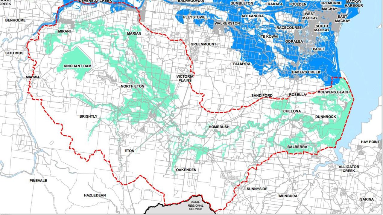 This hazard map shows which areas would be impacted if the Sandy Creek catchment region were to be hit with a one in 100 year flood event. Picture: Mackay Regional Council