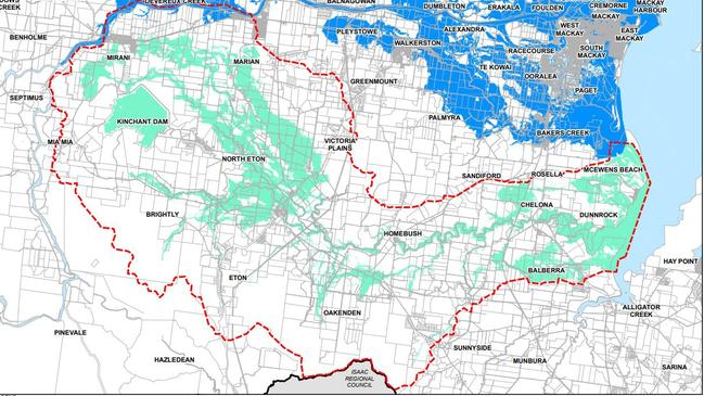 This hazard map shows which areas would be impacted if the Sandy Creek catchment region were to be hit with a one in 100 year flood event. Picture: Mackay Regional Council