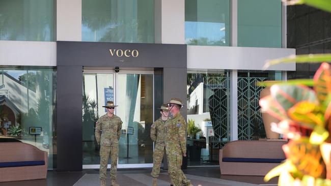 The Army rolled into Surfers Paradise to stand guard outside the Voco Hotel, where passengers from overseas are in quarantine. Picture Glenn Hampson.