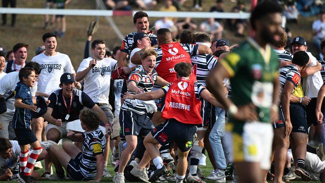 27/8/23: Brothers celebrate their victory after the Wests vs. Brothers match, QRU club Premier Rugby Grand Final, at Ballymore, Brisbane. pic: Lyndon Mechielsen/Courier Mail