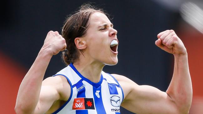 North Melbourne superstar Jasmine Garner has claimed her fifth club best and fairest award after last week taking home premiership and best on ground medals. Picture: Dylan Burns / Getty Images