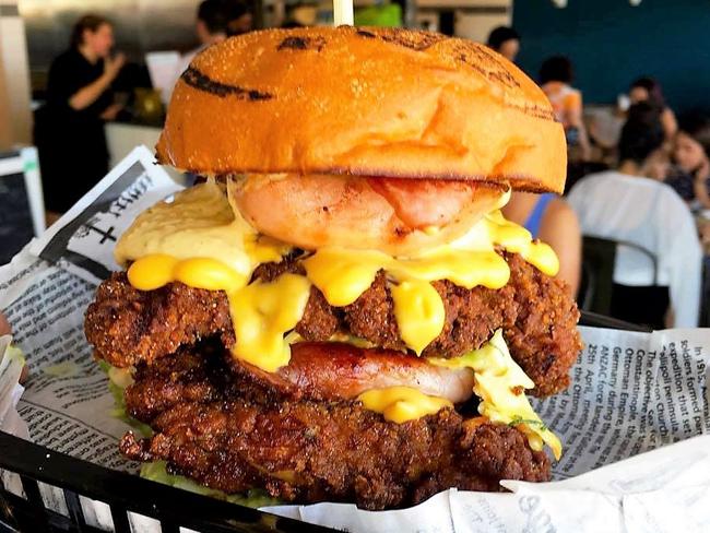 The Cockfighter burger at Bare and Grill Cafe, La Perouse.