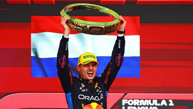 Max Verstappen celebrates winning the Brazilian Grand Prix. (Photo by Mark Thompson/Getty Images)