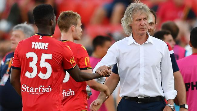 Adelaide United coach Gertjan Verbeek slammed the decision for his team’s clash with Newcastle Jets to proceed in 38C heat. Picture: Mark Brake/Getty Images