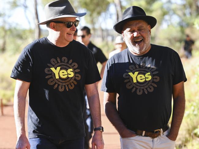 ULURU, AUSTRALIA, NewsWire Photos. OCTOBER 11, 2023: The Australian Prime Minister Anthony Albanese and Noel Pearson in Uluru. Picture: NCA NewsWire / Martin Ollman