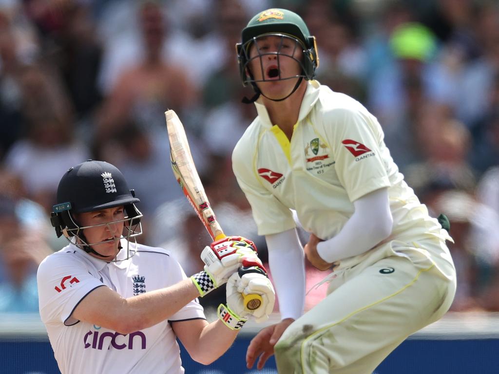 Harry Brook of England bats as Marnus Labuschagne of Australia fields during Day Four of the LV= Insurance Ashes 1st Test match between England and Australia at Edgbaston on June 19, 2023 in Birmingham, England. (Photo by Ryan Pierse/Getty Images)