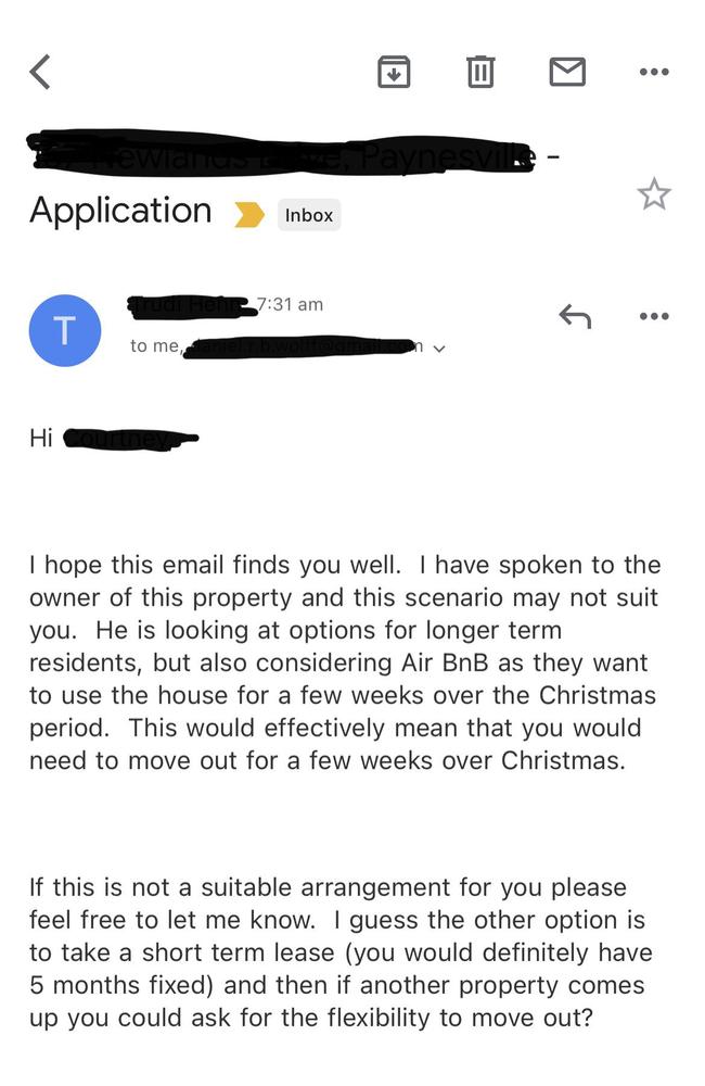 The email an renter received after applying for a $650/week property in a coastal town in Victoria. Picture: Reddit